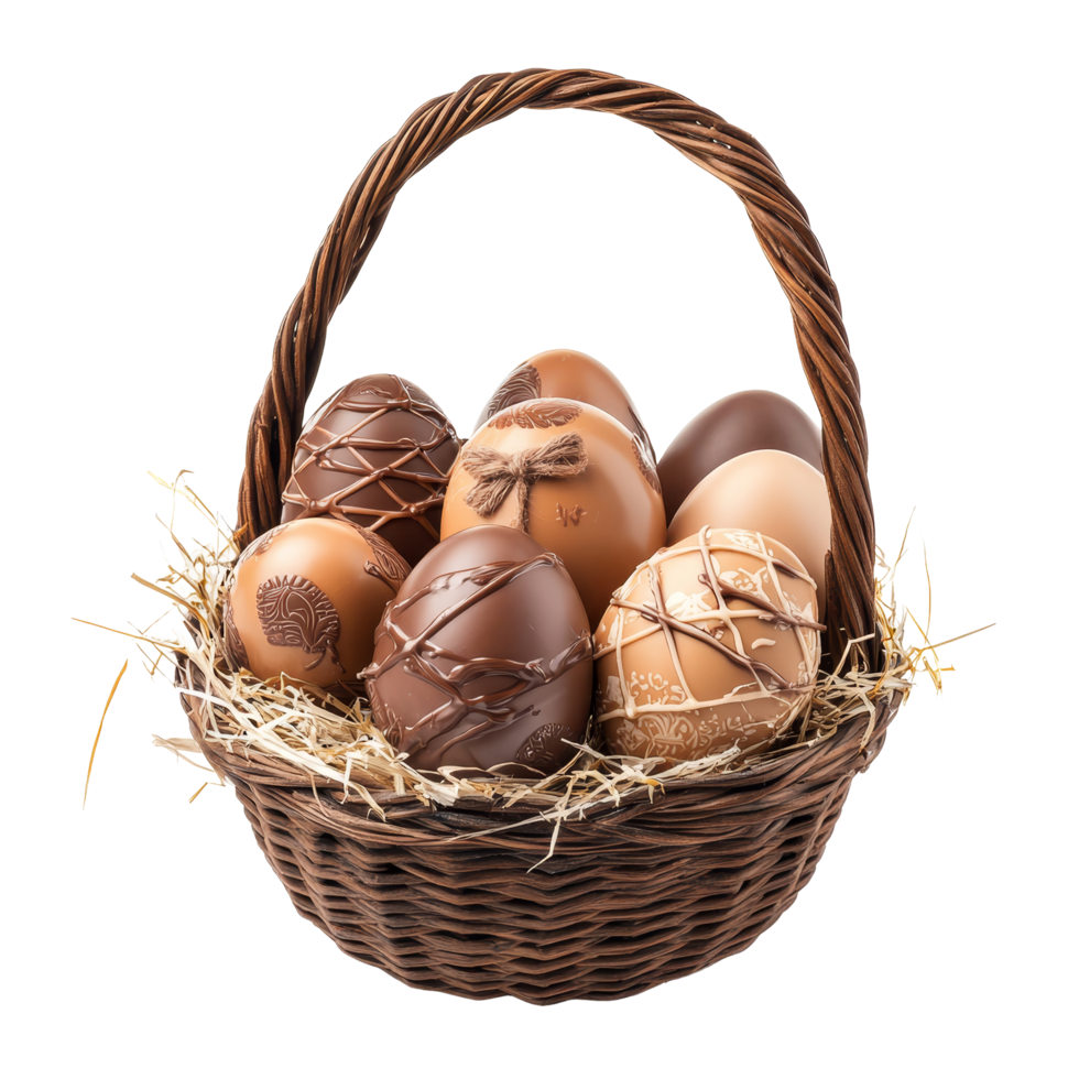 A beautiful basket filled with chocolate Easter eggs presented on a transparent background for a festive celebration, Chocolate easter egg gift in a basket on transparent background png