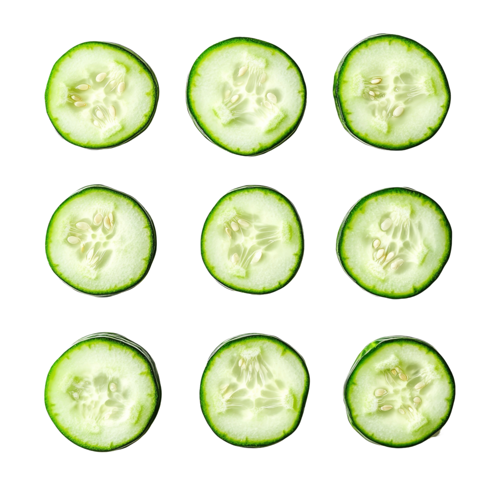 Fresh cucumber slices arranged neatly on a transparent background, highlighting their vibrant green skin and crunchy texture, Cucumber slices isolated on transparent background png