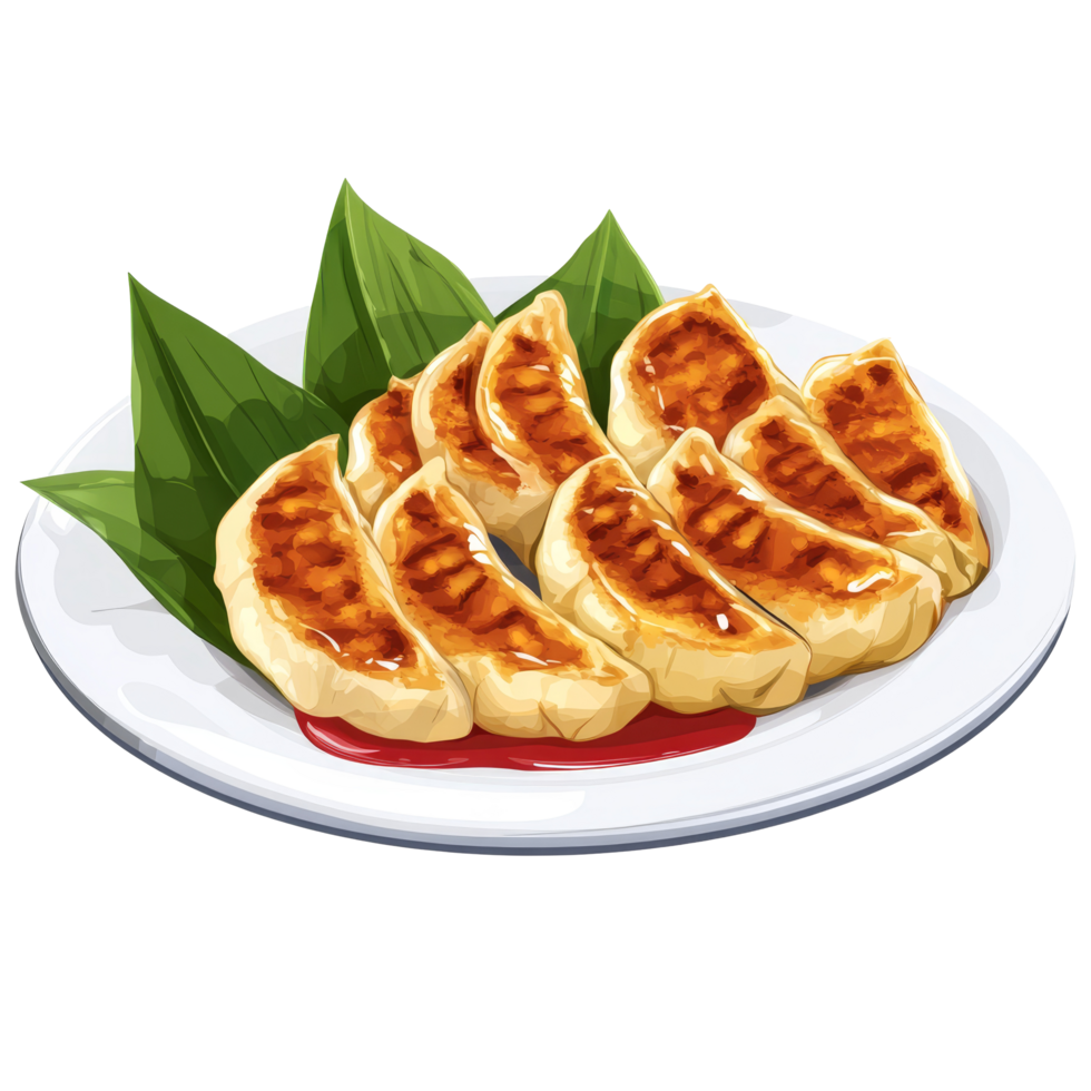 Delicious gyoza dumplings served on a plate with dipping sauce, perfect for a Japanese meal or snack, Gyoza japanese food Isolated transparent background png