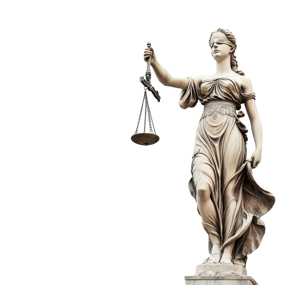 Statue of the Lady of Justice elegantly holding scales against a clean transparent background, Statue of Lady of justice on transparent background png