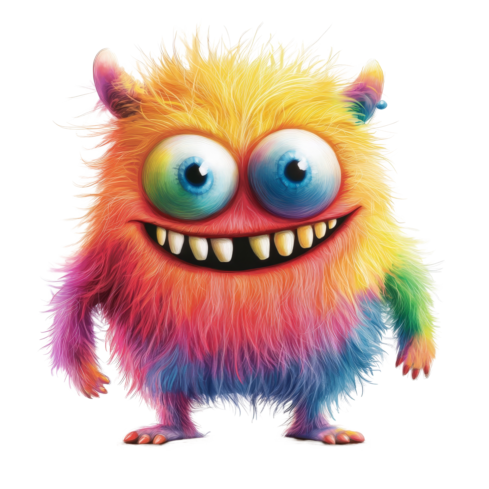 Colorful furry monster character with big eyes and a cheerful expression standing out against a transparent background, Colorful Furry Monster Cartoon Character on transparent background png