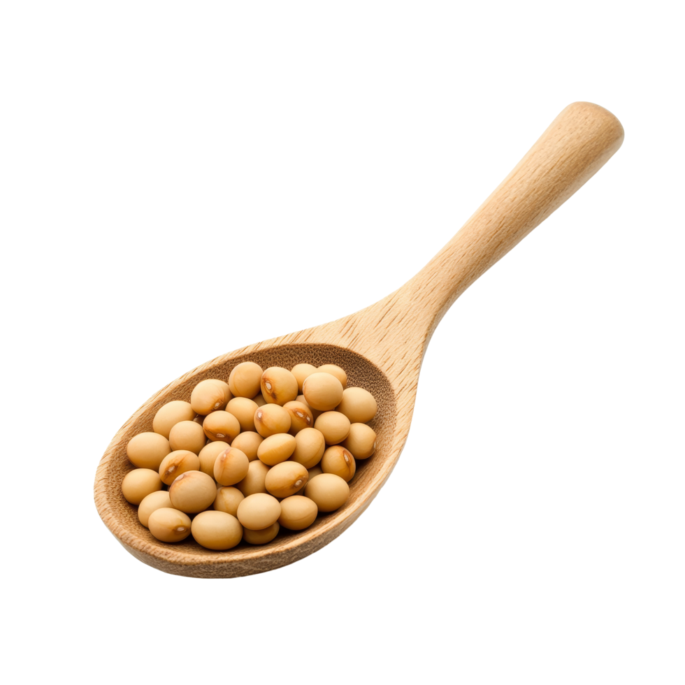 Soybeans in a wooden spoon on a transparent background for culinary and nutritional use, Soy beans in wood spoon isolated on transparent background png