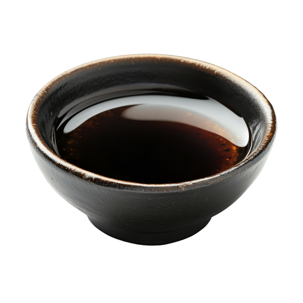 Elegant black Asian soy sauce dish isolated against a clean transparent background showcasing its glossy contents, Isolated black asian soy sauce dish png
