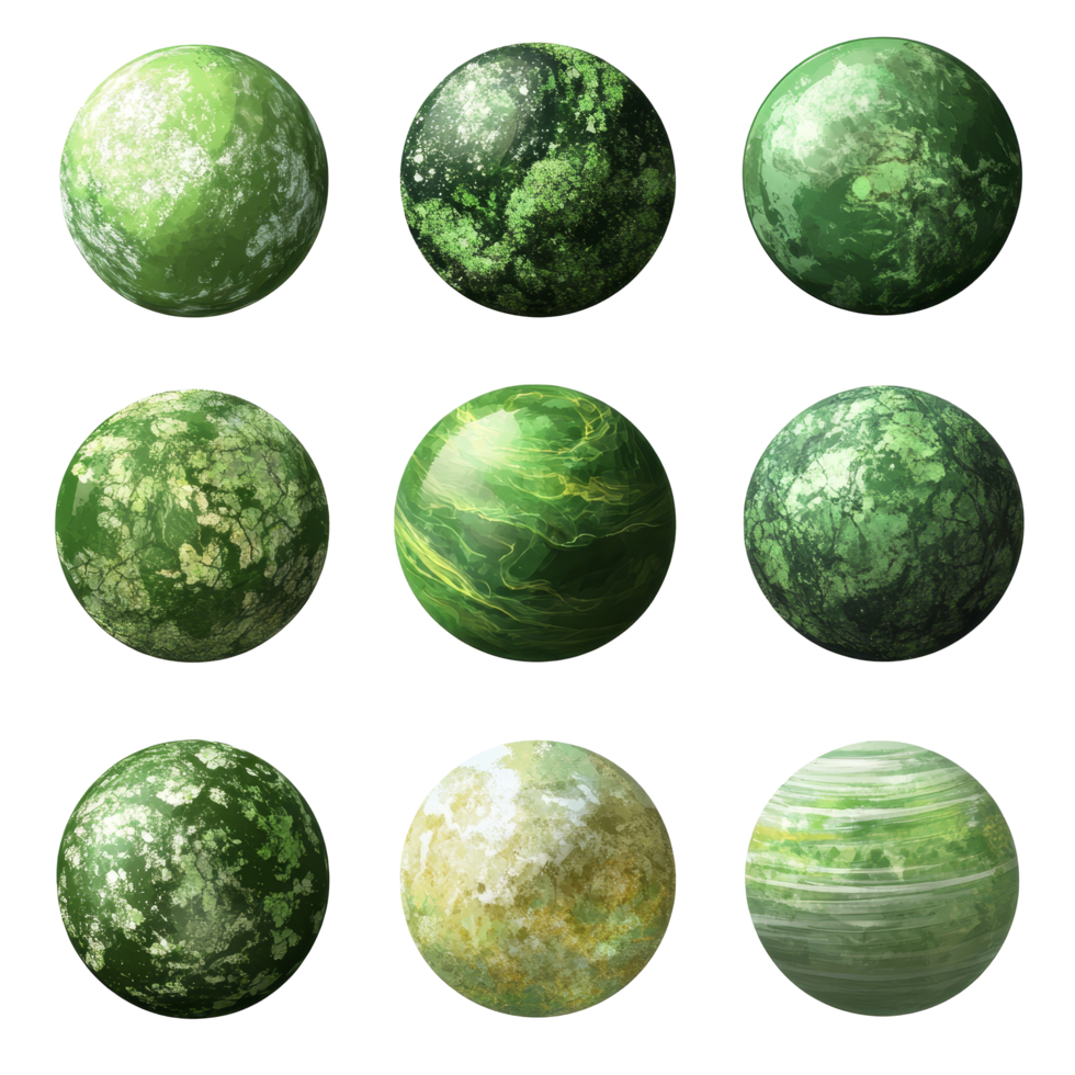 Exploring a collection of vibrant green planets showcasing unique textures and patterns in a fantasy, Set Green Planets, Fantasy Celestial Bodies with Unique Textures, Isolated on transparent png