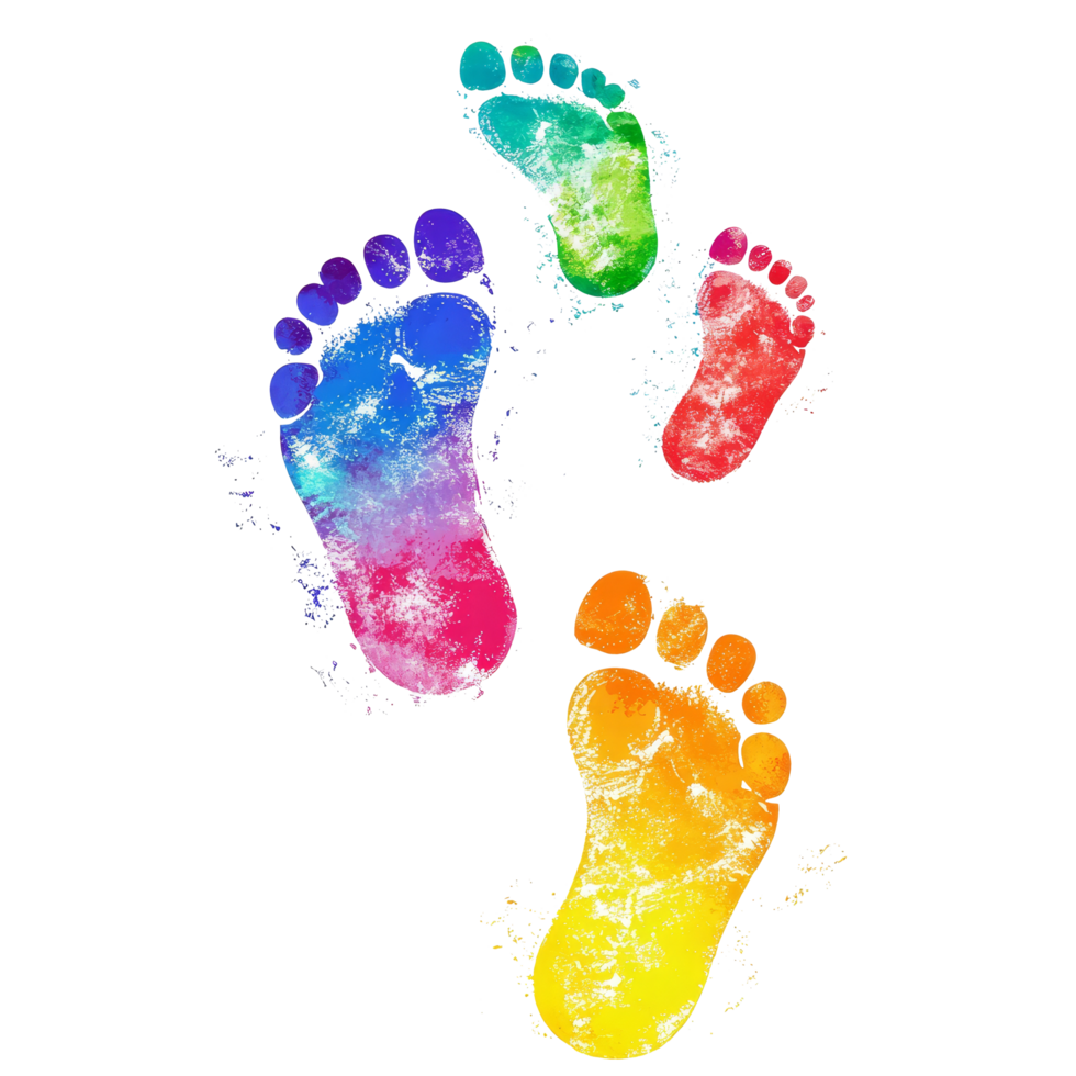 Colorful footprints walking on a transparent background, creating a vibrant pattern that captivates the viewers attention, colorful footprints walking isolated on transparent background png