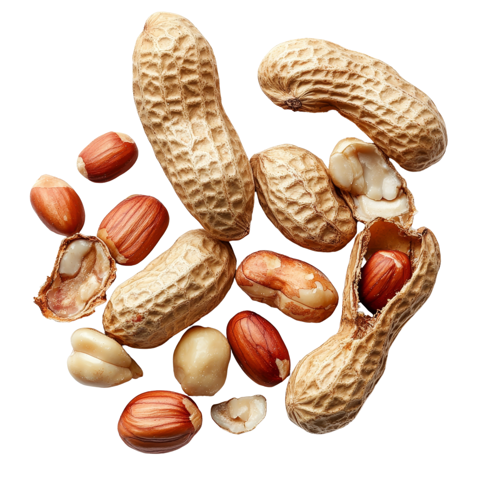 A detailed view of fresh peanuts on a transparent background showcasing various stages of shelling and color variations, Peanut on transparent background png