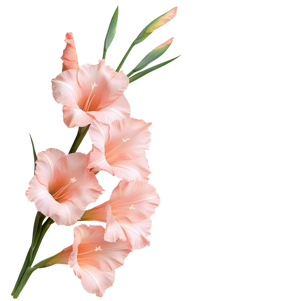 Beautiful gladiolus flowers in a delicate floral arrangement on a neutral background, gladiolus flowers in a floral arrangement isolated on transparent background png