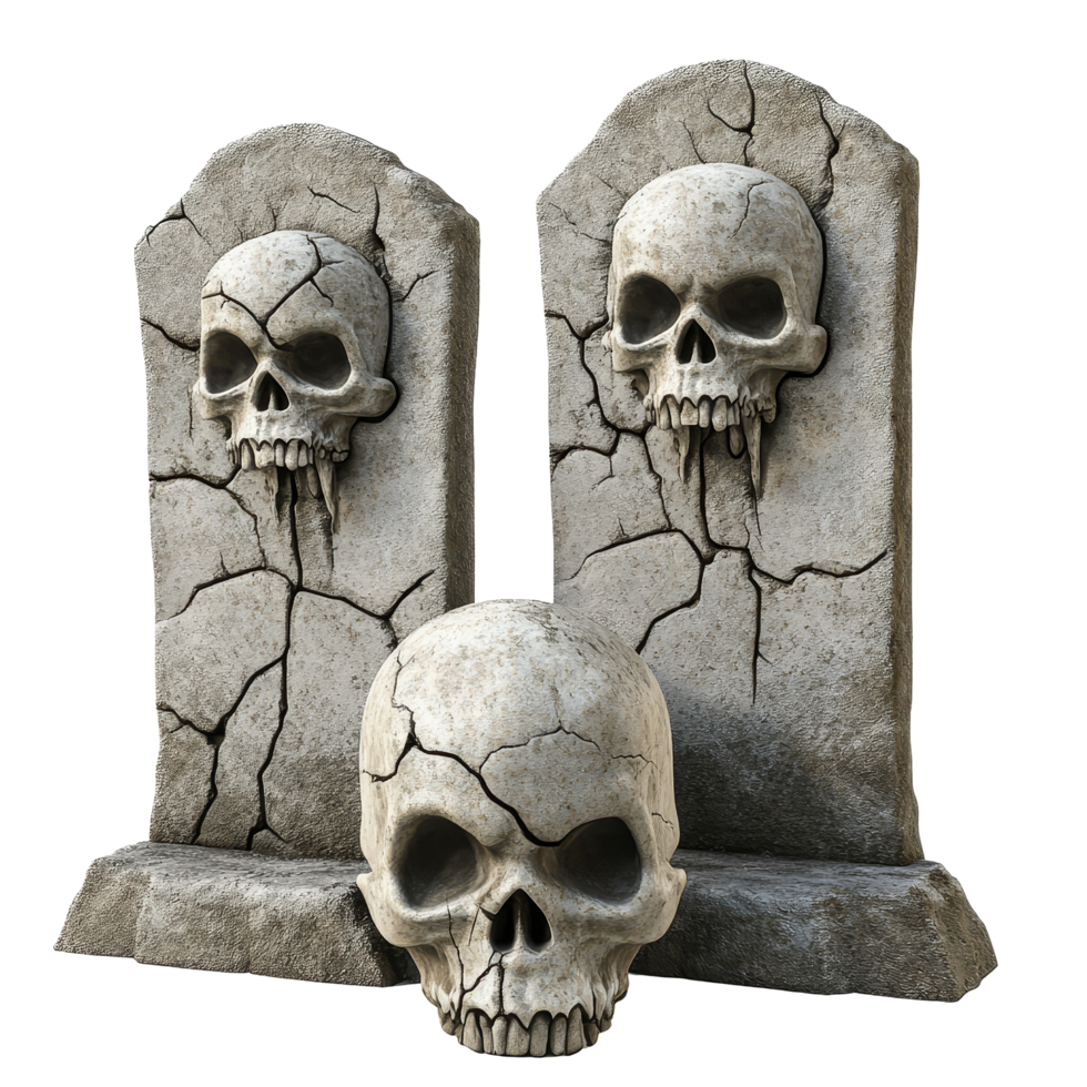 Three haunted tombstones featuring cracked surfaces and skulls, perfect for Halloween decor and spooky settings, Three Haunted Tombstones with Skulls and Cracks Isolated on transparent background png