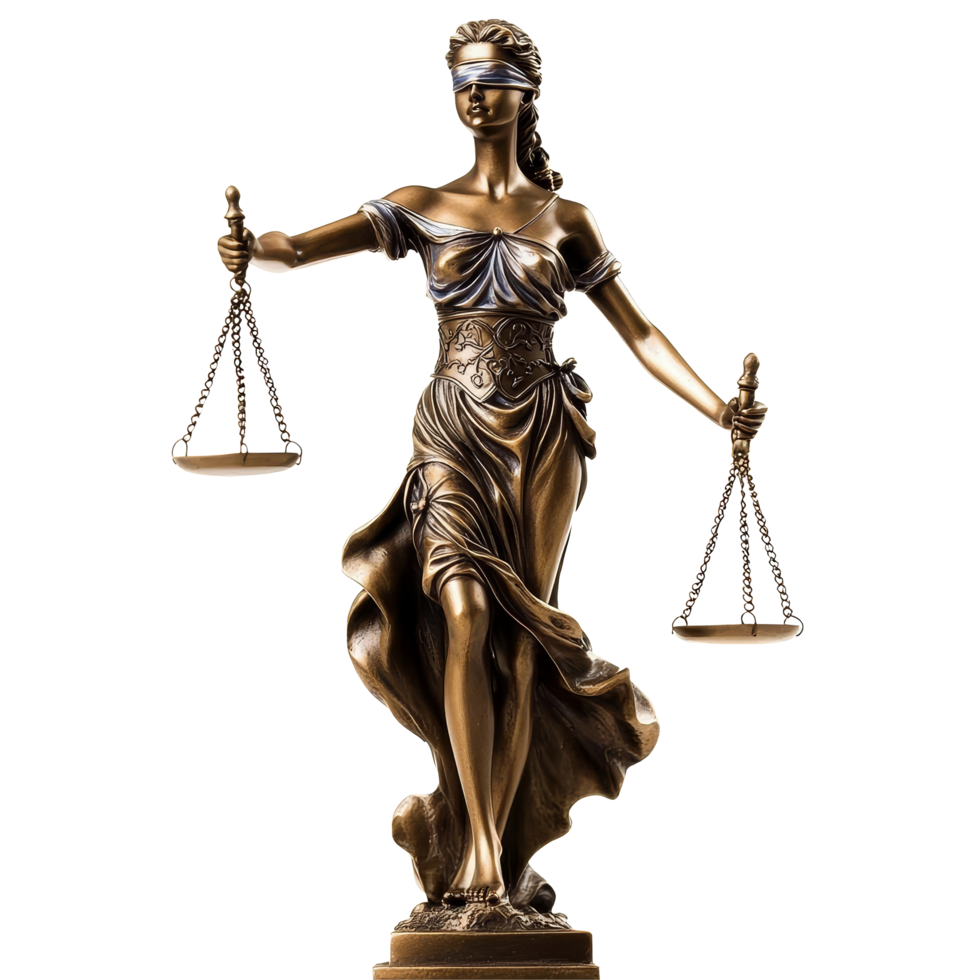 Lady Justice statue symbolizes fairness and impartiality within legal systems on a plain transparent backdrop, Lady of Justice Emblematic Legal Figure on a transparent background png