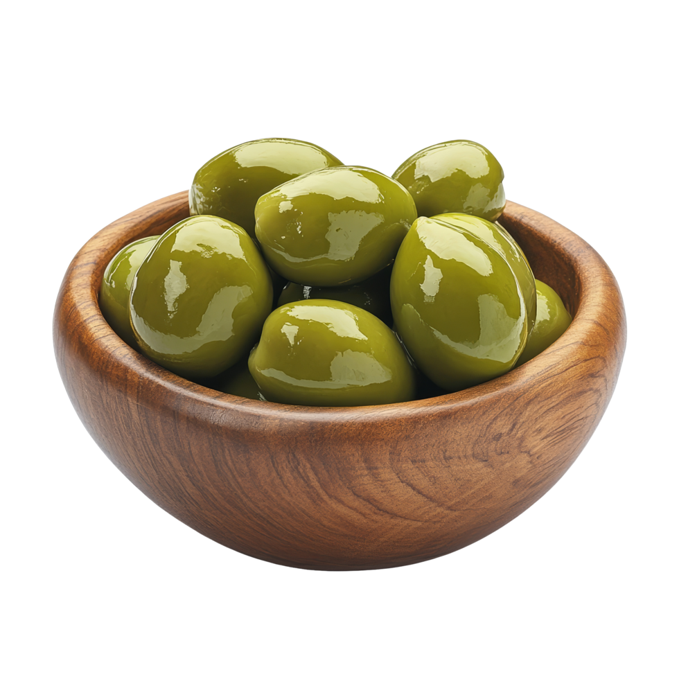 Fresh green olives gathered in a wooden bowl set against a pristine transparent background, green olives in wood bowl on transparent background png