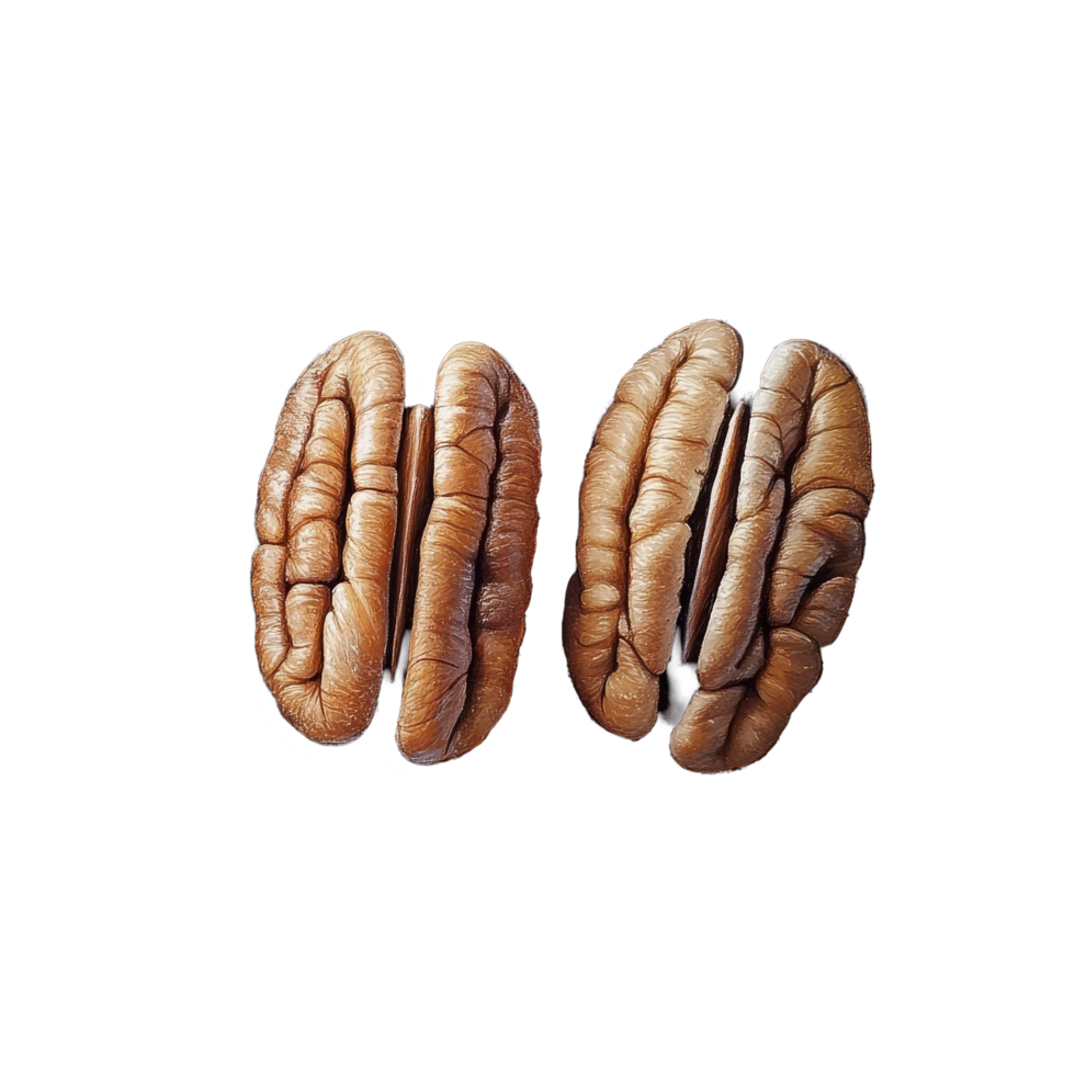 Two pecan nuts split open on a rustic wooden surface showcasing their textured interior and rich brown color, two pecan nuts png