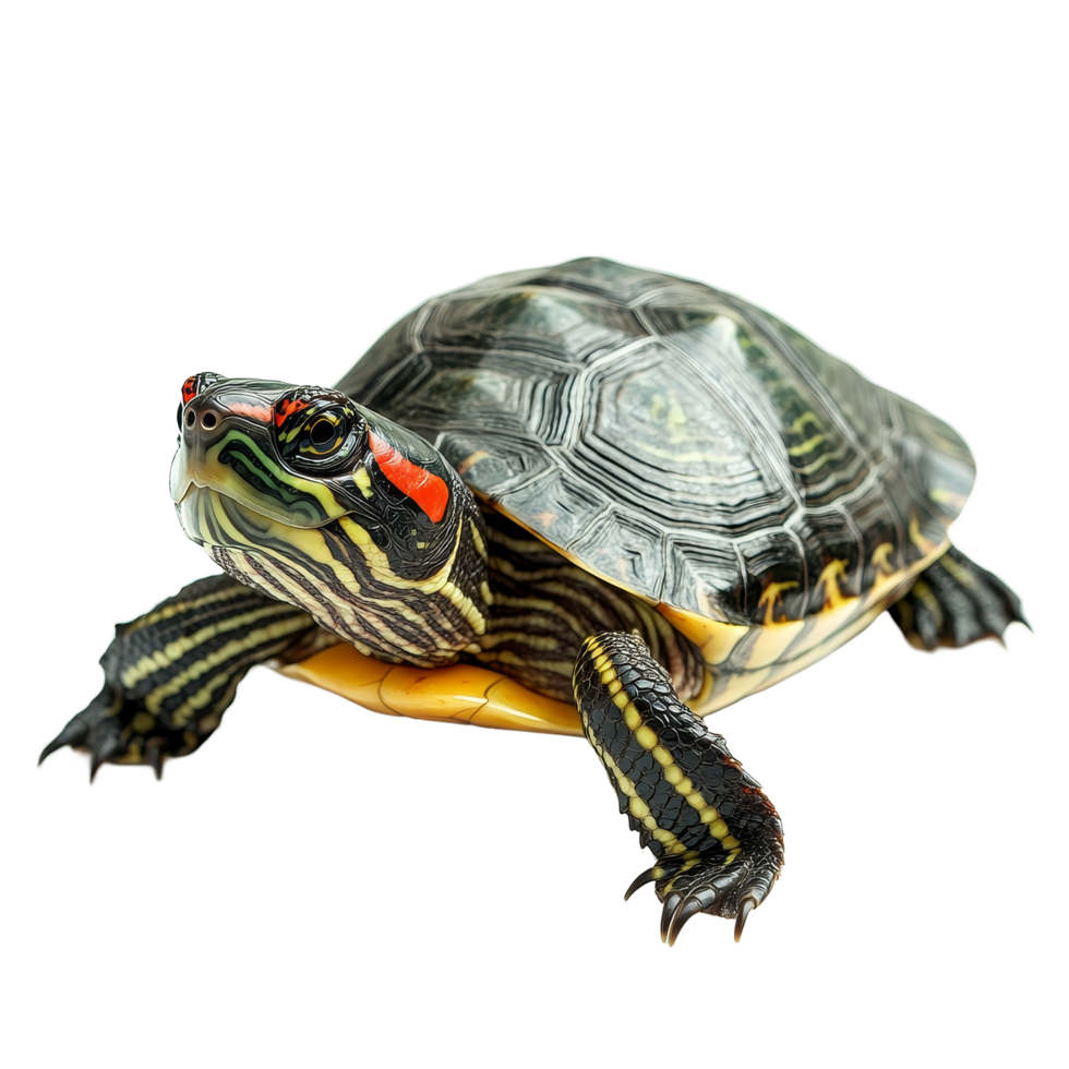 A redeared slider turtle rests on a smooth, isolated transparent background showcasing its distinct shell and features, red eared slider turtle,isolated transparent background png