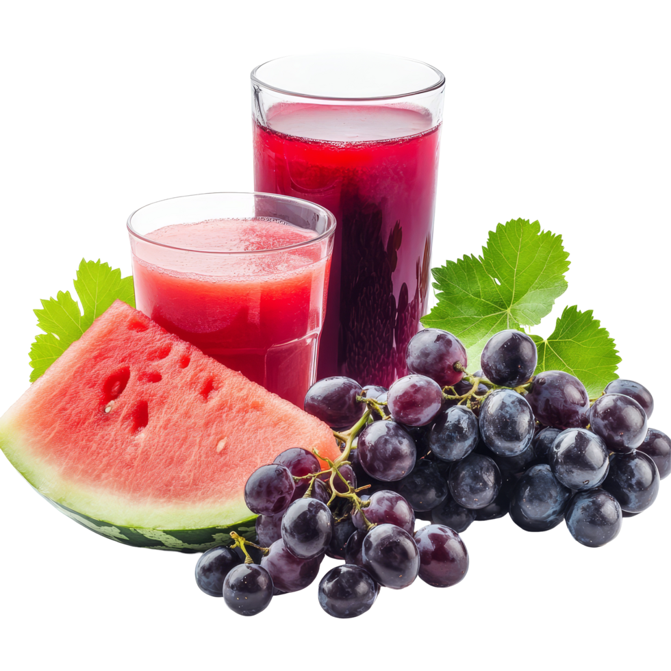 Refreshing watermelon and grape juices presented on a clean transparent background during a bright summer day, Watermelon and grapes juices on isolated transparent background png