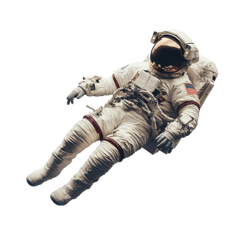 An astronaut floats gracefully in the vastness of space, surrounded by a transparent hue, Astronaut character in space suit floating in zero gravity on transparent background png