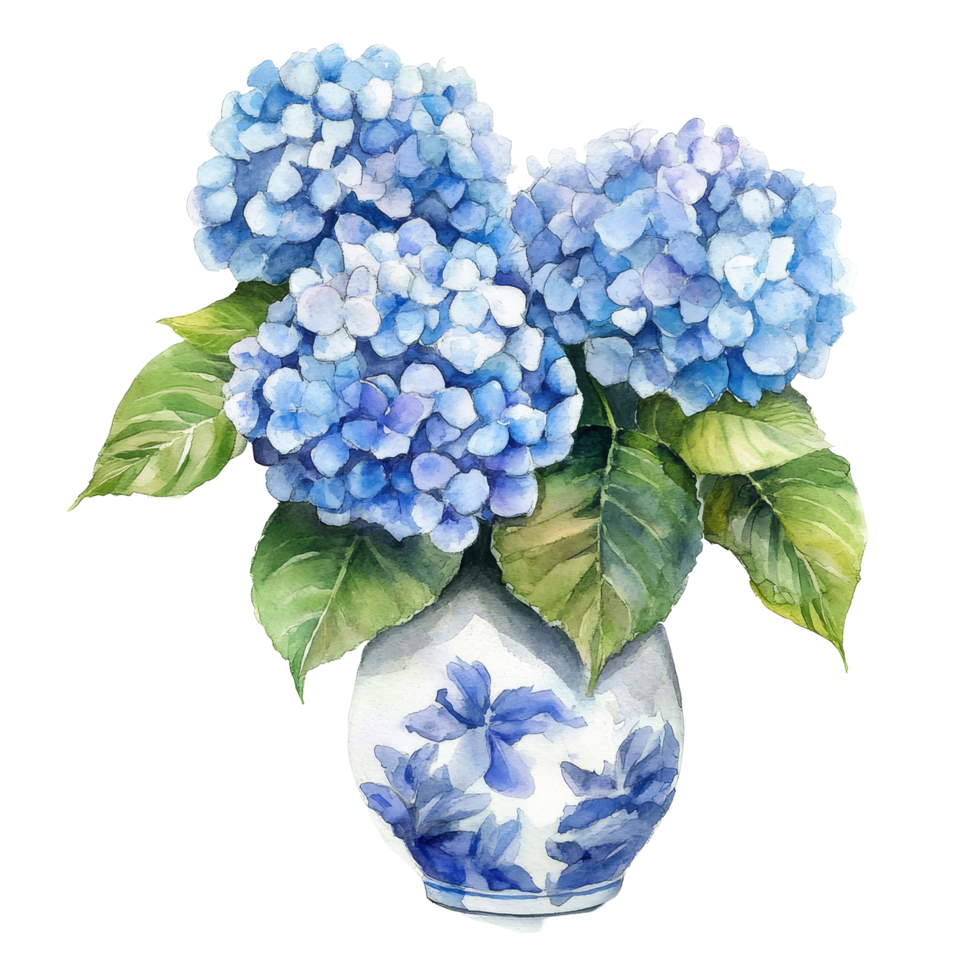Elegant watercolor hydrangea bouquet in a decorative vase with vibrant blue flowers and lush green leaves, hydrangea flowers with vase isolated on transparent background. hydrangea flower transparent png