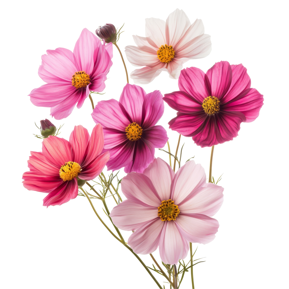 A vibrant arrangement of cosmos flowers in soft pink and deep purple hues isolated on a transparent background, cosmos flowers in a floral arrangement isolated on transparent background png