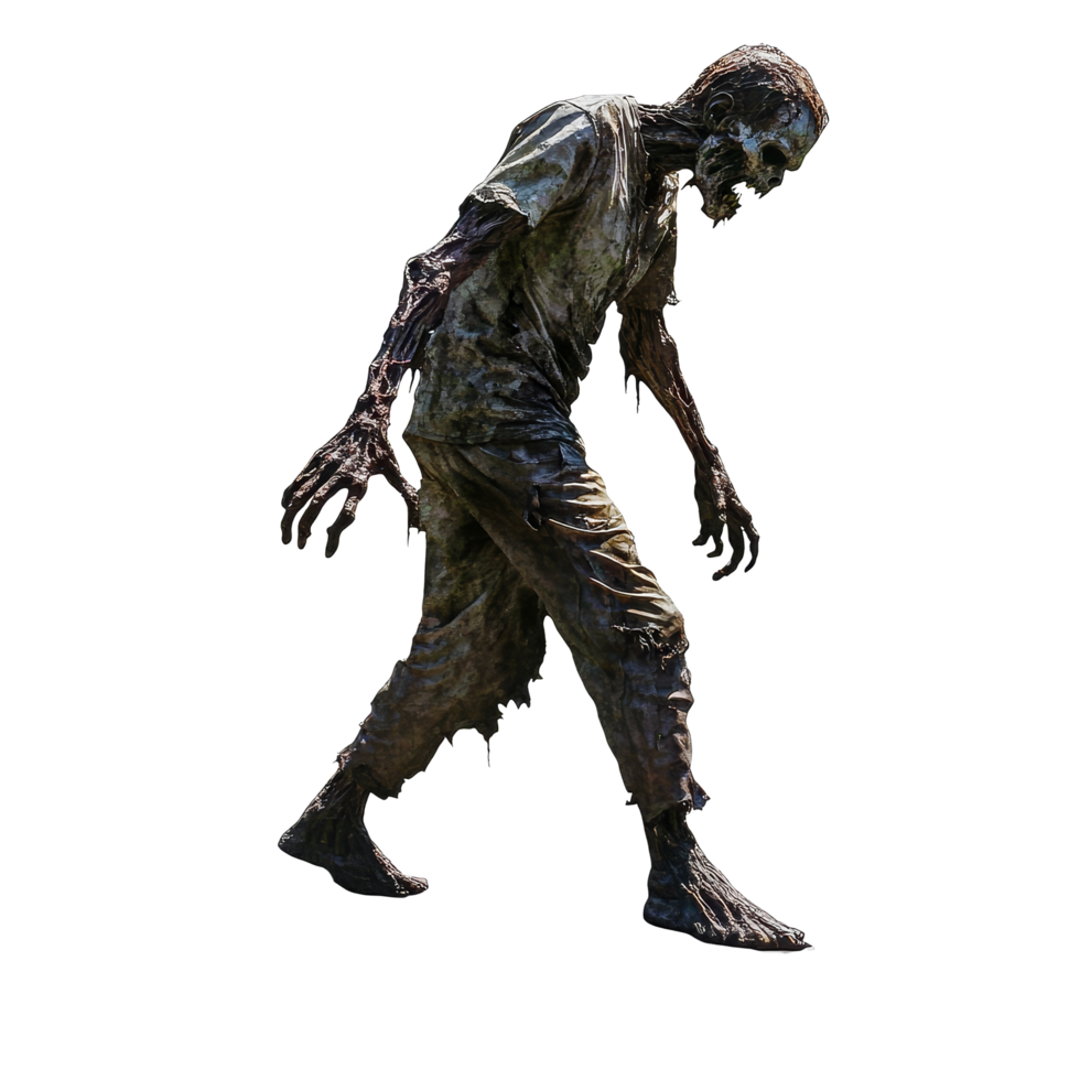 Fullheight depiction of a walking zombie isolated on transparent background during twilight hours, walking zombie in full height, file of isolated object with shadow on transparent background png