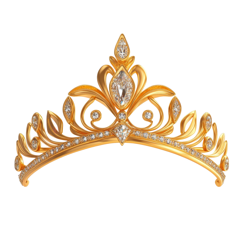 Elegant golden tiara adorned with jewels on a pristine transparent background, Golden tiara 3d isolated on transparent backgroud png