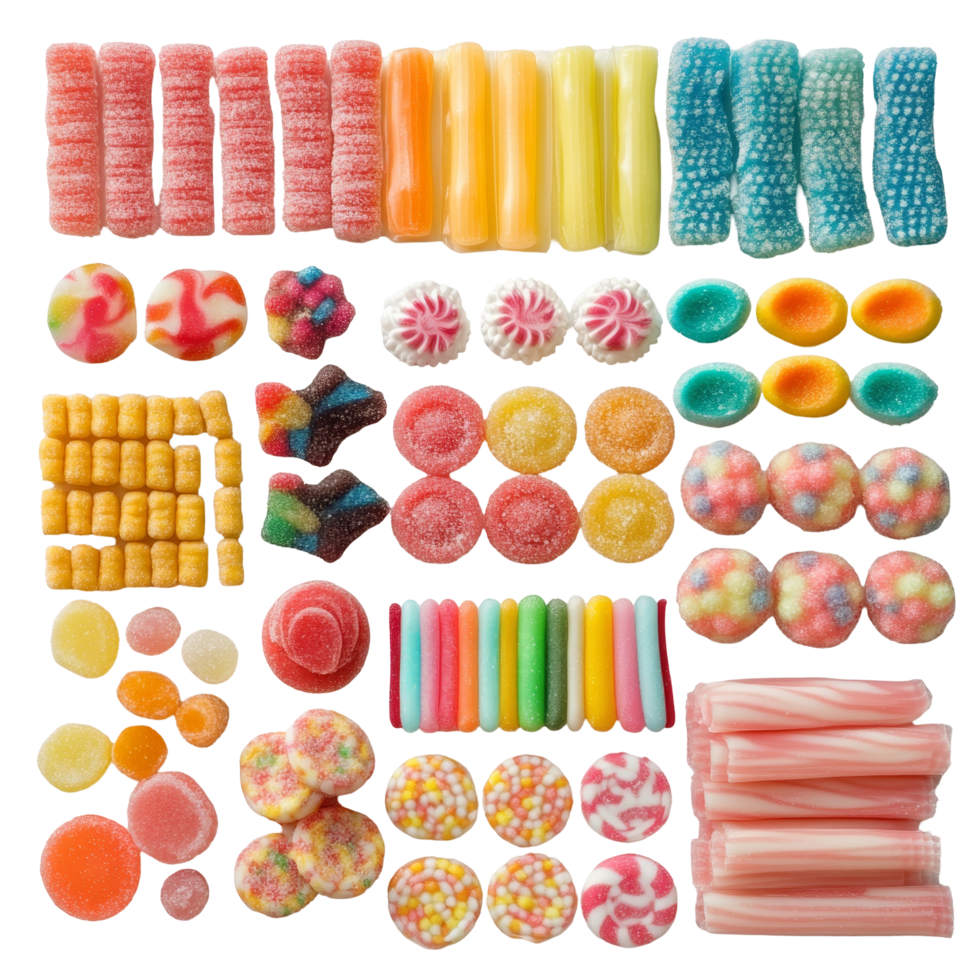 A colorful selection of various sweet candies arranged neatly on a smooth transparent surface, Different types of colorful sweet candy on a transparent background png