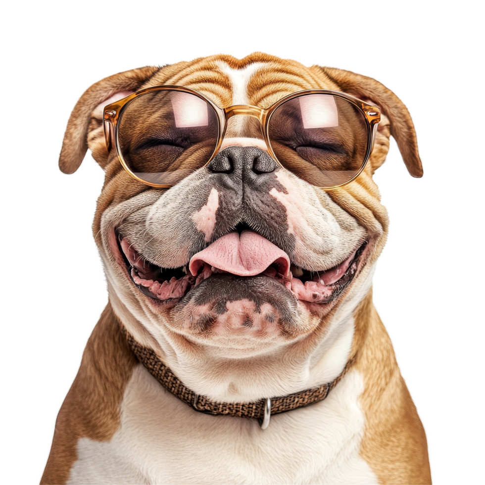 Happy bulldog wearing sunglasses enjoy sunny vibes on a transparent background, Funny Happy Bulldog with Sunglasses on transparent background png