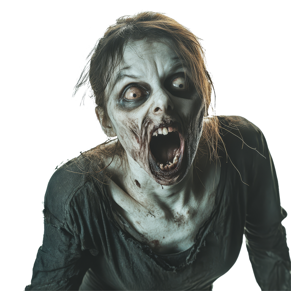 A terrifying female zombie screams in horror against a transparent background, showcasing chilling details and expressions, Terrifying Female Zombie on transparent background png
