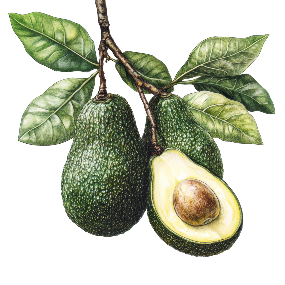 Botanical illustration of avocados with leaves on a transparent background, Avocado Botanical Illustration on transparent background png