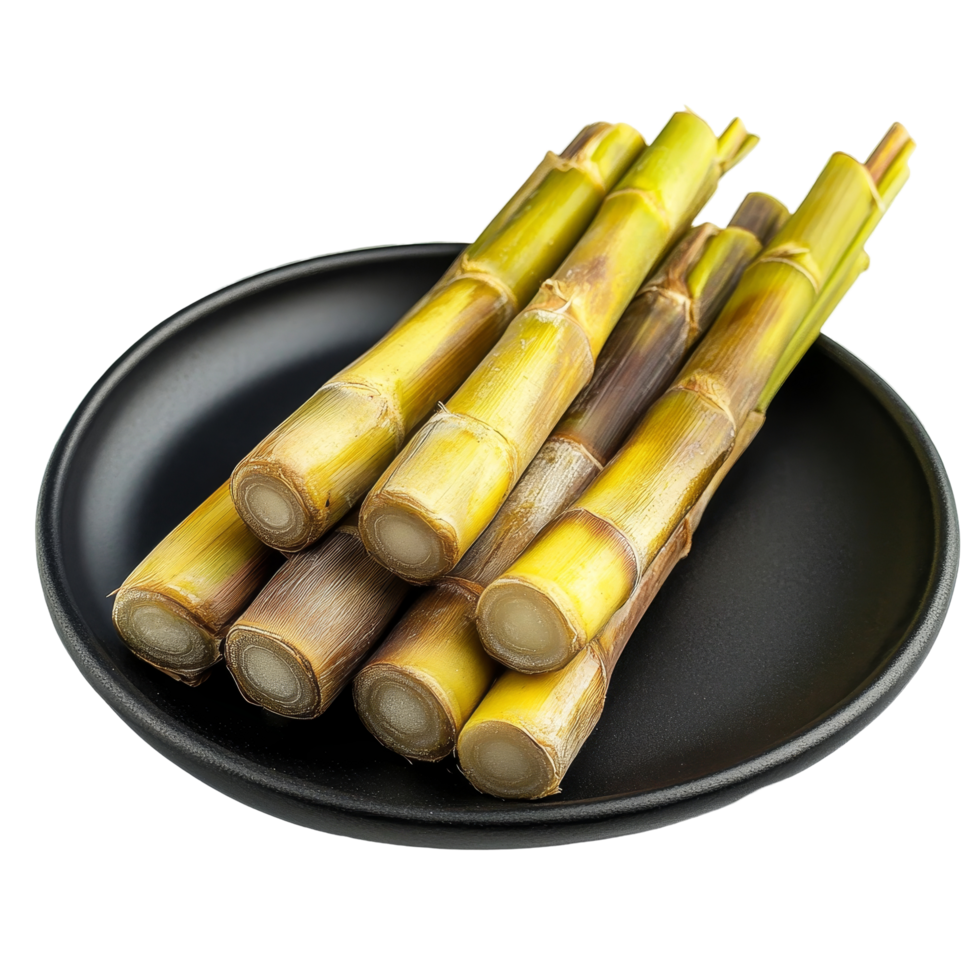 Freshly harvested sugar cane arranged neatly on a black plate against a transparent background, sugar cane on black plate transparent background png