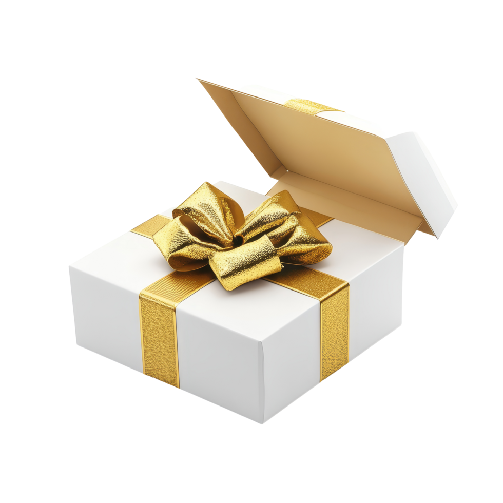 A beautifully wrapped transparent gift box with a shimmering gold ribbon, perfect for any special occasion or celebration, transparent color open gift box with gold ribbon isolated png