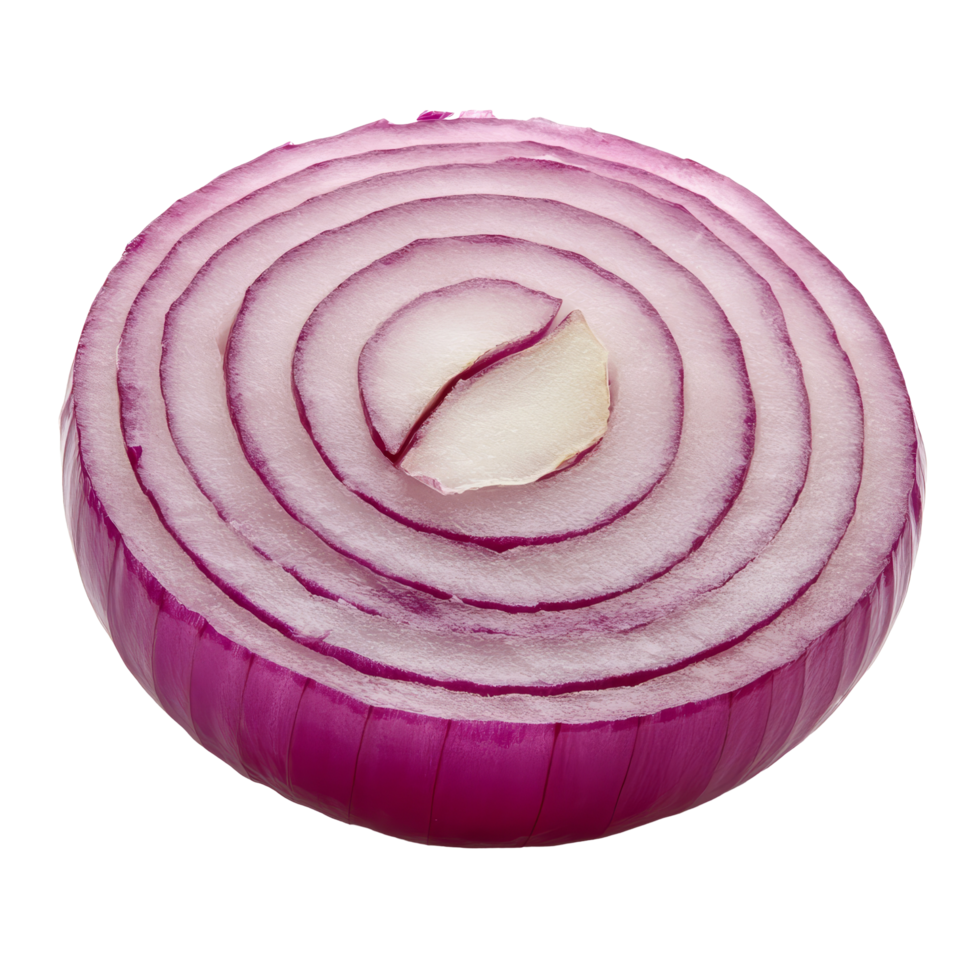A closeup view of a fresh, sliced red onion on a transparent background showcasing its rings and texture, Slice of onion transparent background png