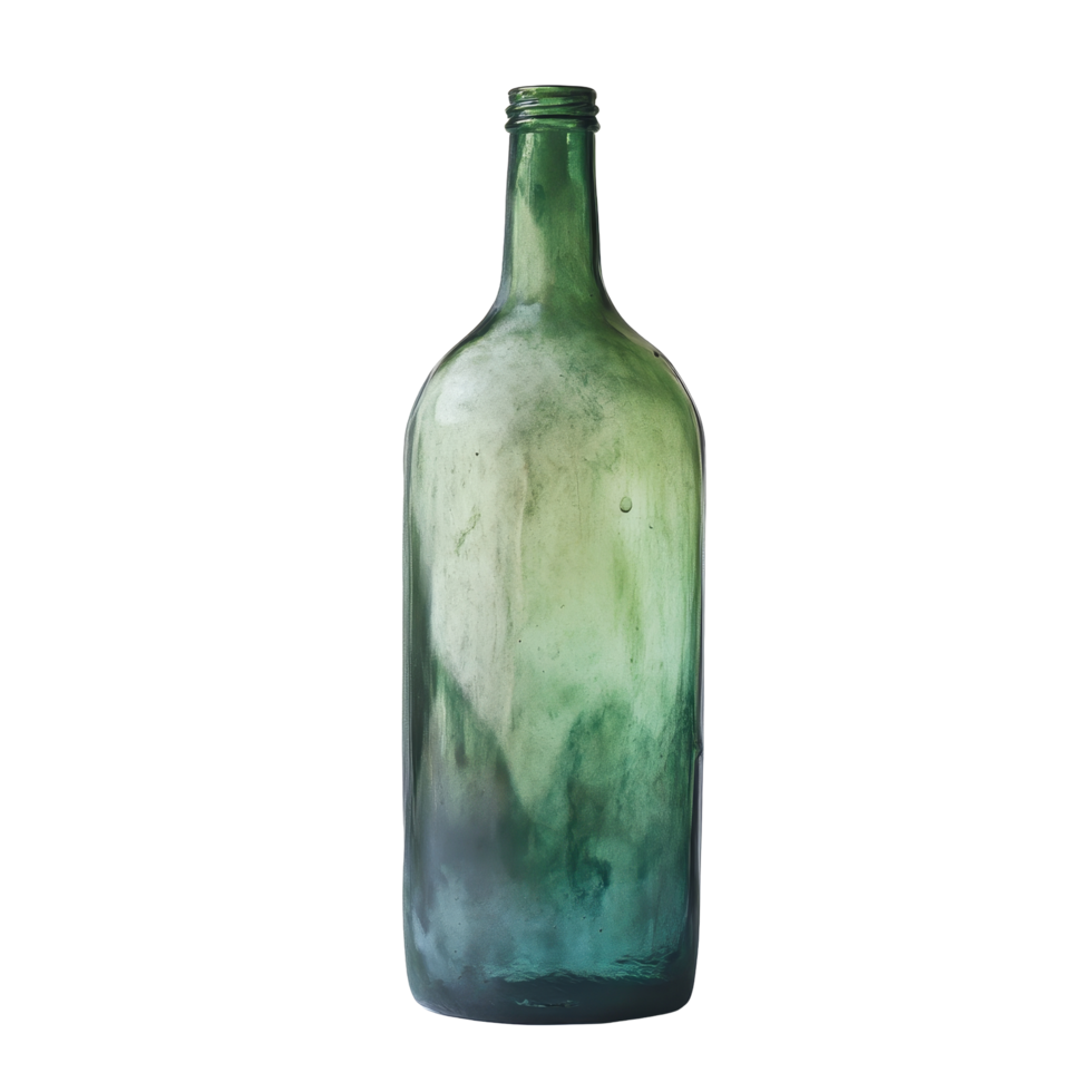 A capless green glass bottle stands upright against a plain background, showcasing its design and color, Green bottle no cap png