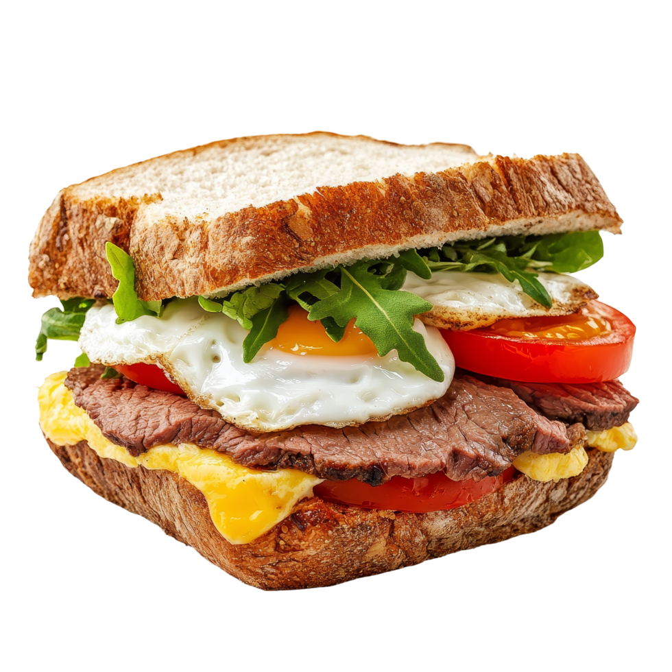 Delicious beef and egg sandwich with fresh vegetables on toasted bread against a clean transparent background, sandwich of beef and eggs isolated on transparent background png