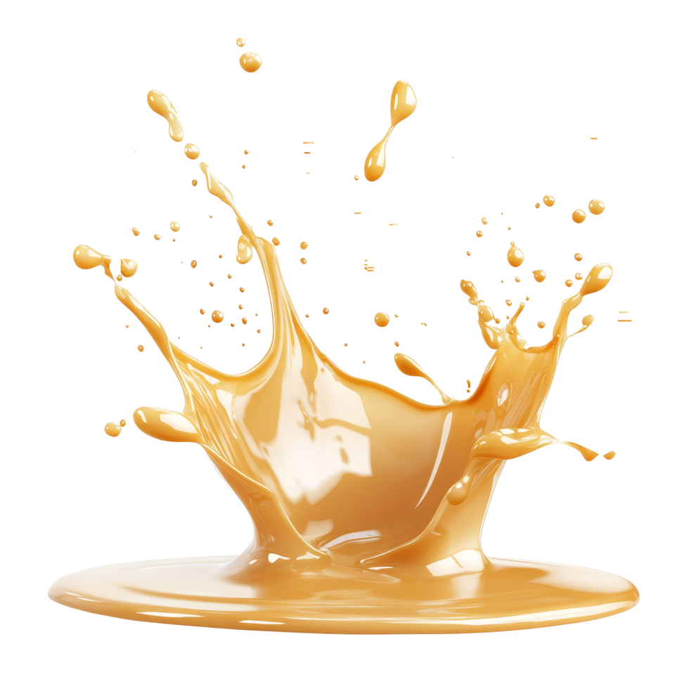 A golden caramel splash creates dynamic droplets against a crisp transparent background, showcasing texture and color vibrancy, Golden Caramel Splash isolated on transparent background png
