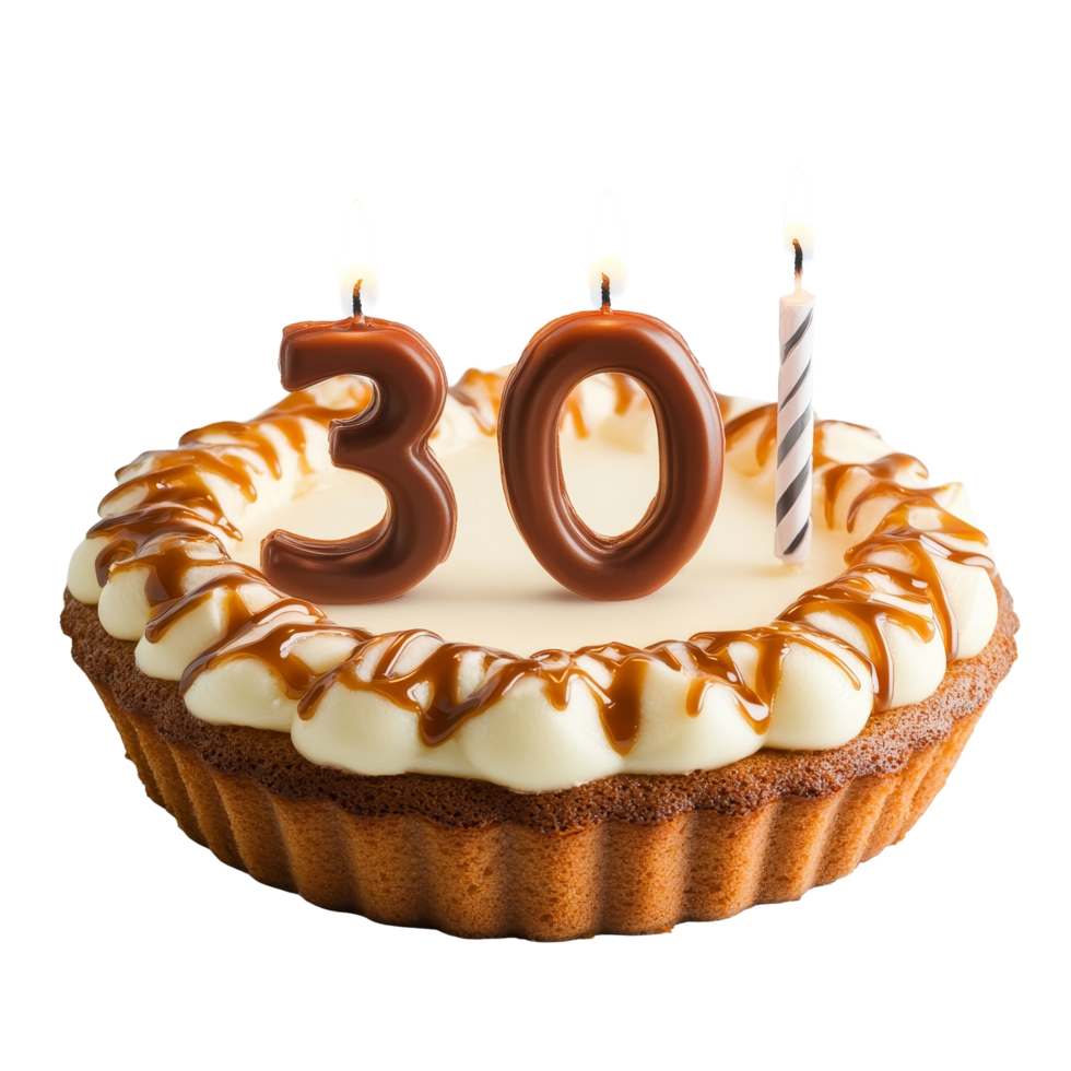 Delicious birthday cake with shaped candles celebrating a milestone birthday, 30 shaped candle light on happy birthday cake isolated on transparent background, transparent background png