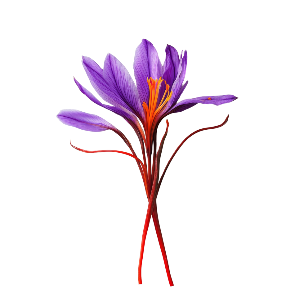 Saffron plant with vibrant purple flowers and red stigmas displayed against a plain transparent background, Saffron plant on a transparent background png