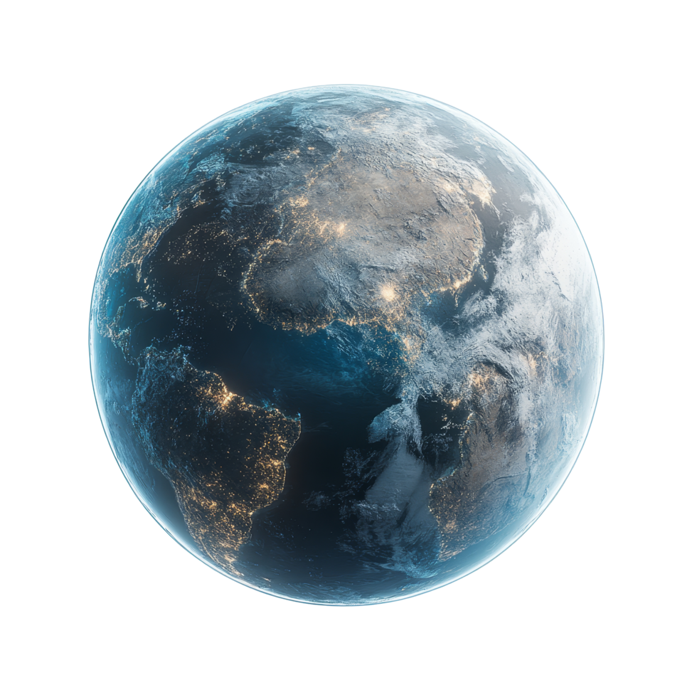 A detailed view of Earth highlighting its natural features and city lights on a transparent background, earth and planet on transparent background png