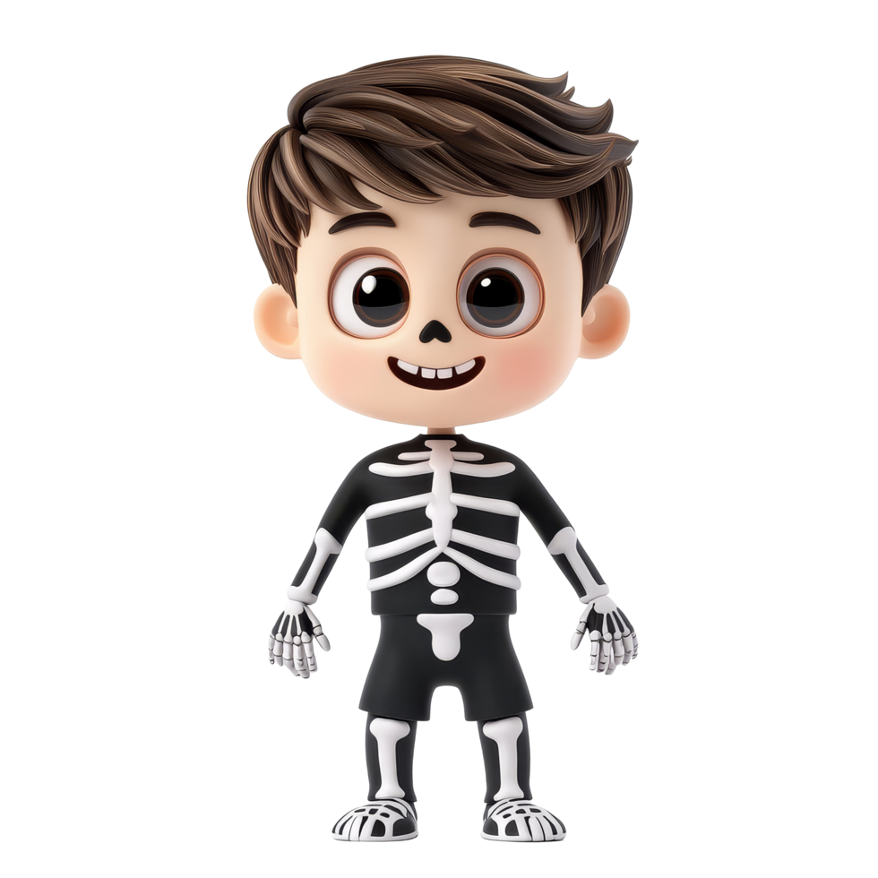 Cartoon boy in skeleton disguise stands cheerfully on a bright transparent background, 3D cartoon boy disguised as skeleton, isolated on transparent background png