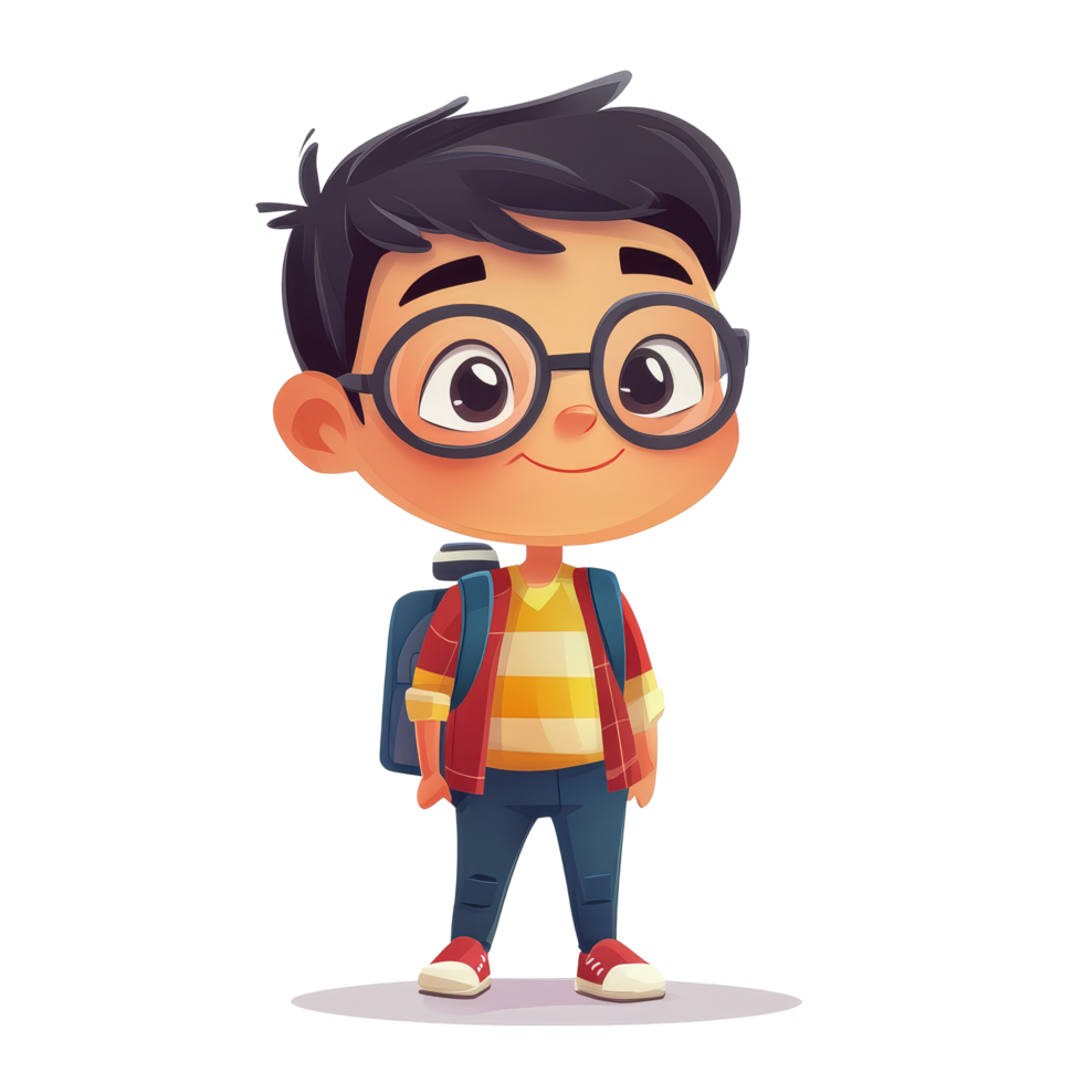 A cheerful cartoon student character standing against a transparent background ready for a day of learning and adventure, Cartoon Student Kids Character transparent background png