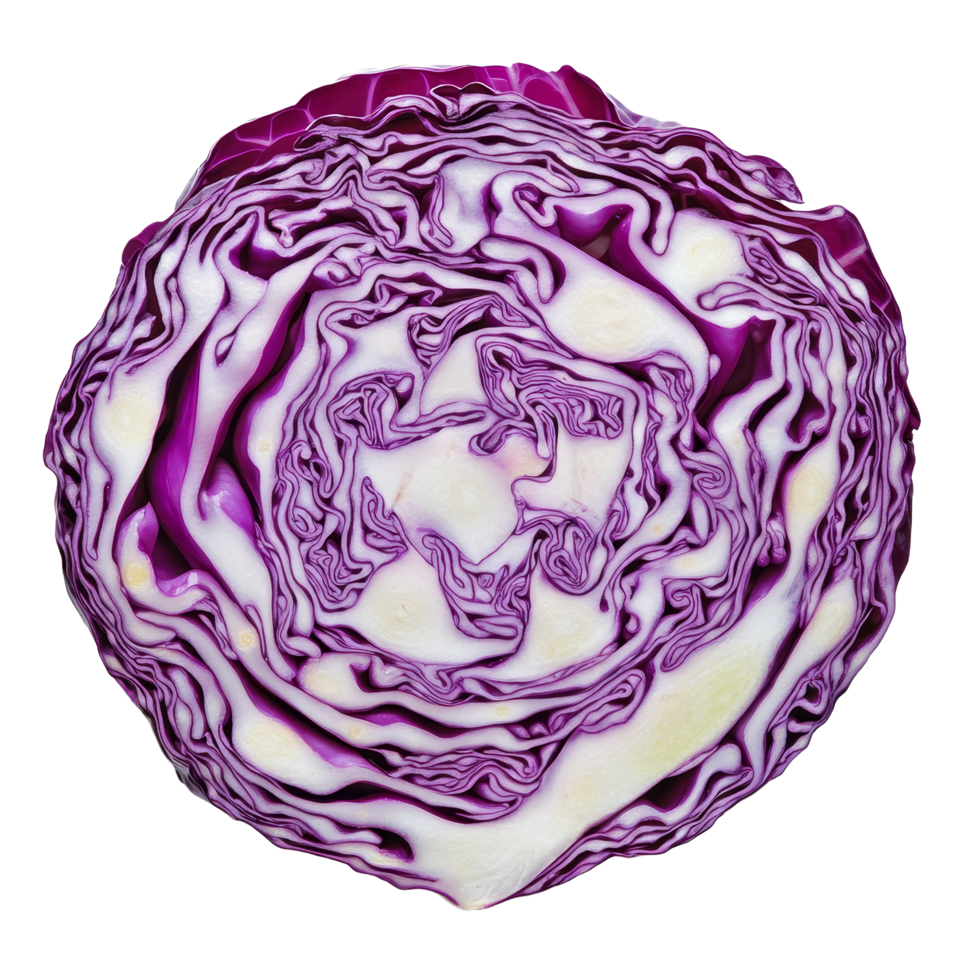 Freshly sliced purple cabbage showcasing vibrant textures on a clean transparent background, Slice Cabbage on transparent background png