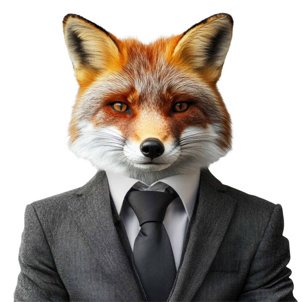 A fox in formal business attire stands confidently against a simple transparent background prepared for a corporate meeting, Fox wearing business attire on transparent background Smart strategy png