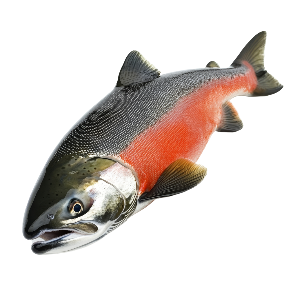 A pacific salmon rests on a transparent background, showcasing its striking colors and smooth texture, a pacific salmon fish isolated on transparent background png