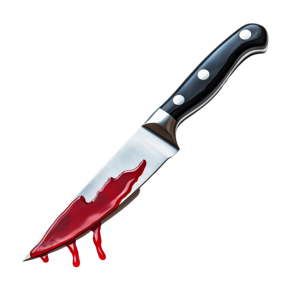 Bloodied kitchen knife resting on a clean transparent surface, suggesting a dark kitchen encounter in culinary chaos, Kitchen Knife with Blood Dripping on transparent background Horror Scene, png