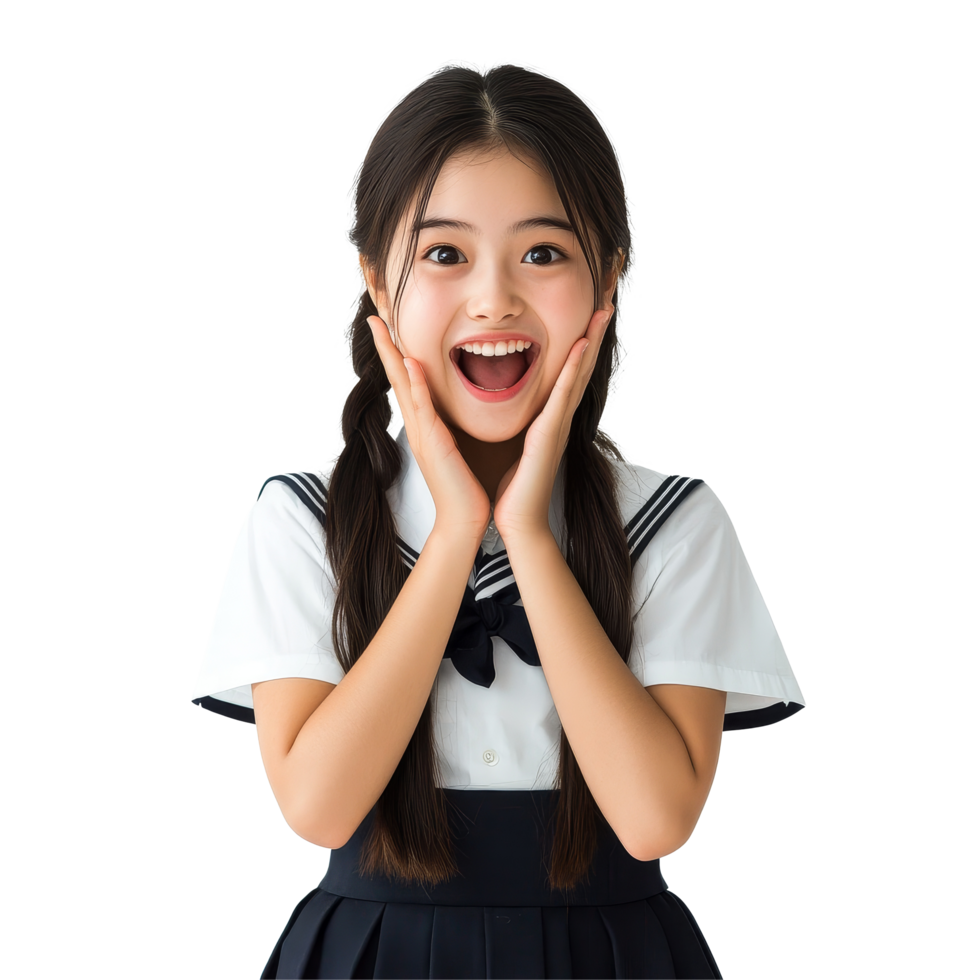 Happy Asian student girl in school uniform expresses surprise in cheerful setting at school, Surprise Happy Asian student girl in school uniform isolated transparent background png