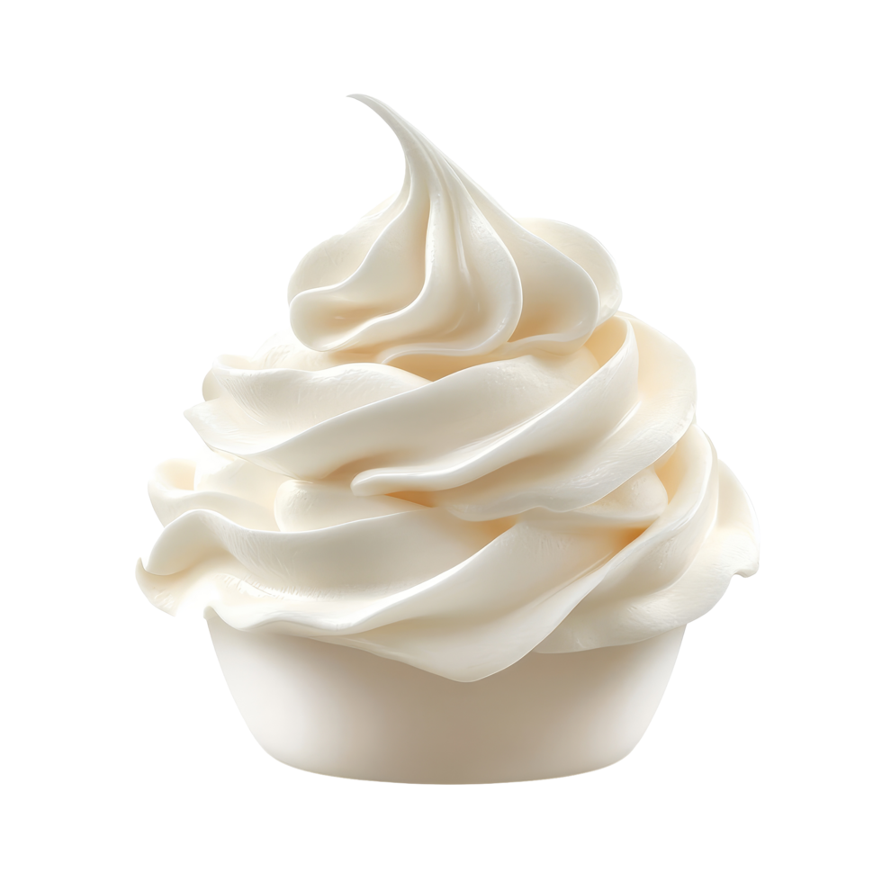 Fluffy whipped cream topping, swirled and perfect for desserts, set against a simple transparent background, Fluffy Whipped Cream Topping isolated on transparent background png