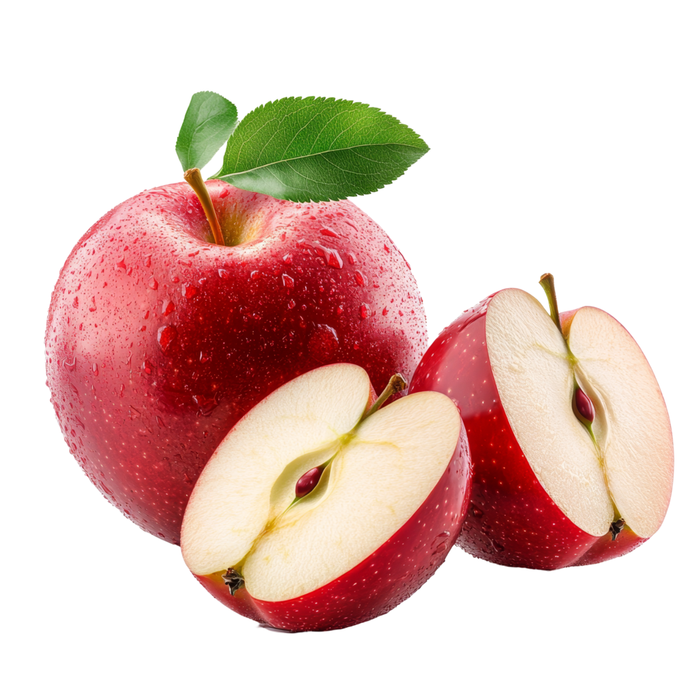 Fresh red apple with a slice and a green leaf isolated on a transparent background for food presentation, apple with slice isolated on transparent background png