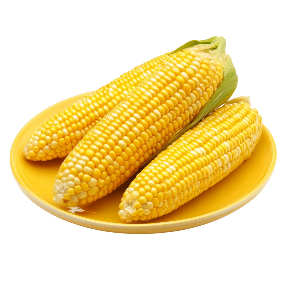 Fresh corn cobs arranged on a bright yellow plate isolated on a transparent background showcasing vibrant colors and natural textures, Popcorn in a plate isolated on transparent background png