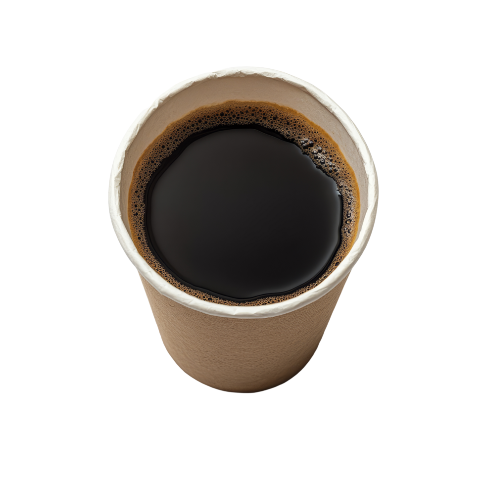 A top view of a warm black coffee cup resting on a clean transparent background during a quiet morning, Top view of a paper cup of black coffee on transparent backgroundfile png