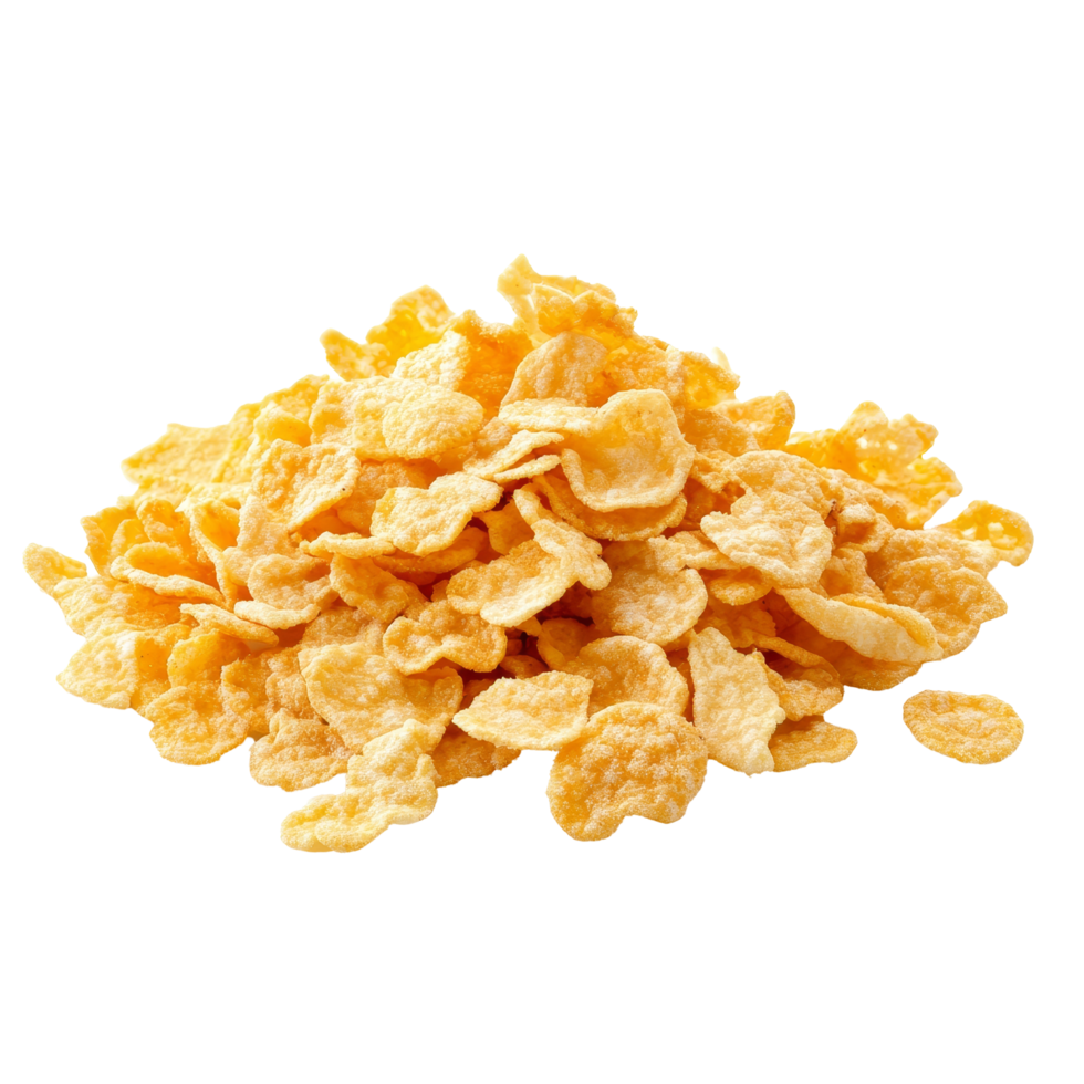 A generous pile of golden corn flakes displayed on a clean transparent surface for breakfast or snacking inspiration, corn flakes isolated on transparent background png