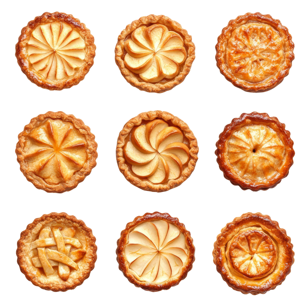 A beautiful collection of apple pies displayed in a top view on a transparent surface, showcasing unique designs and baked perfection, Apple pies top view isolated on transparent background png