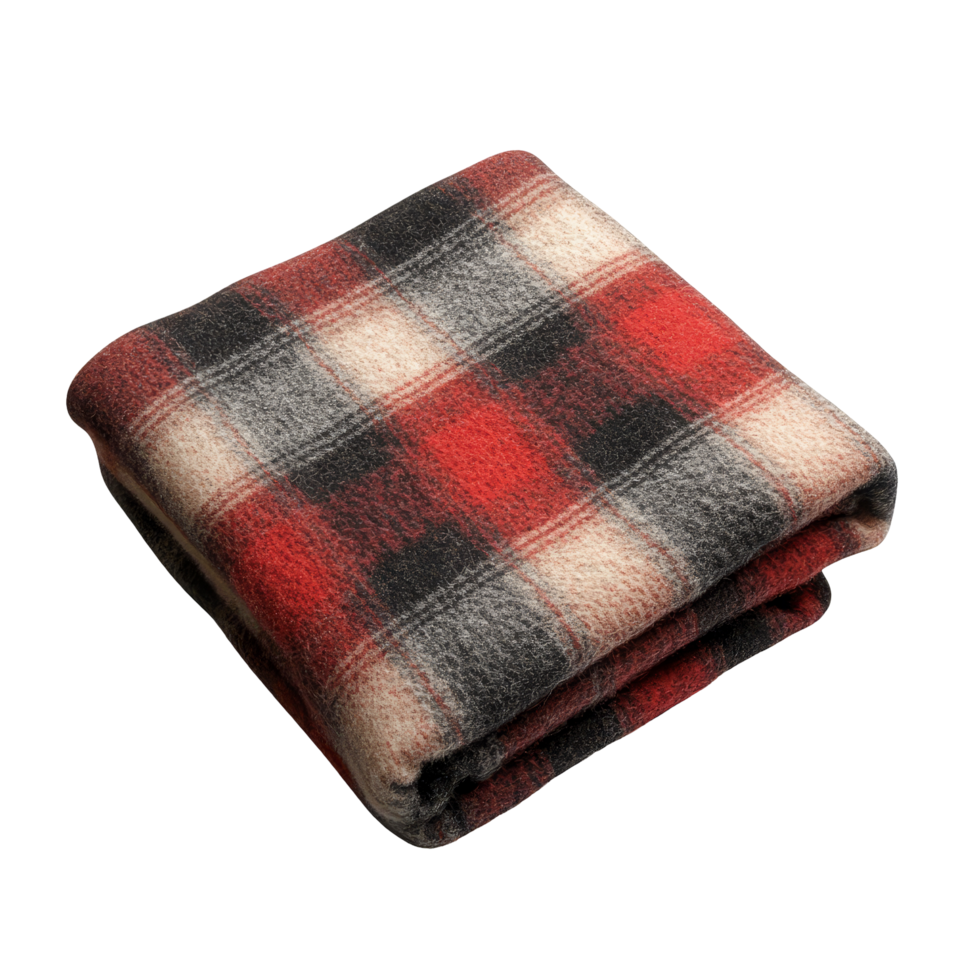 Cozy folded wool checkered plaid blanket perfect for chilly evenings or outdoor picnics in autumn, folded warm wool checkered plaid blanket, file of isolated object with shadow on transparent png