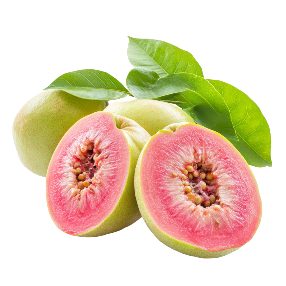 Fresh guava fruit cut open showcasing vibrant pink flesh and seeds on a clean transparent background, guava isolated on transparent background png